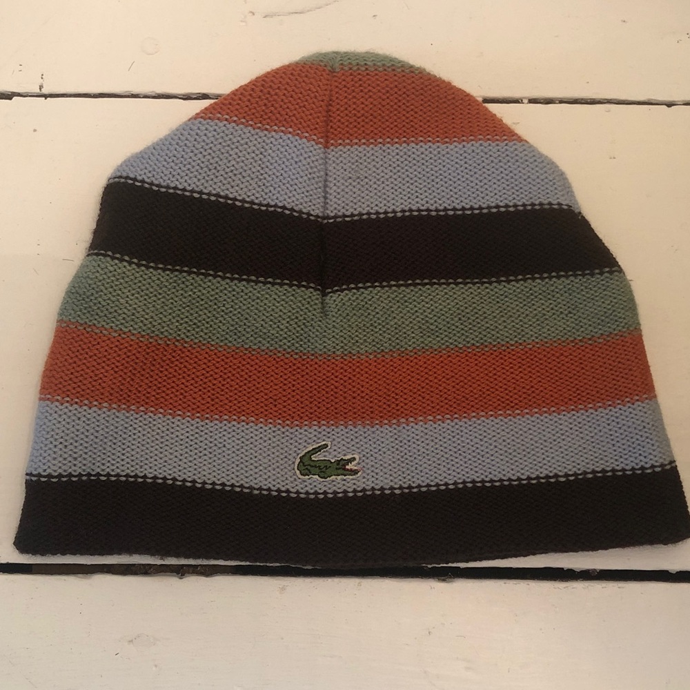 Lacoste Striped Knit Beanie in Rust, Light Blue & Olive Green Men’s Preowned